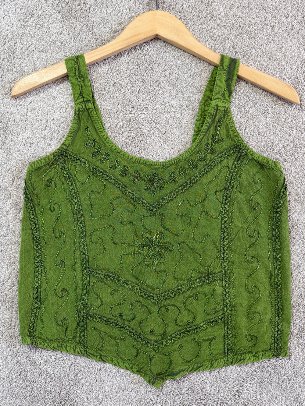 Embroidered Handkerchief Top Sleeveless Boho in Lime Green Free Size - Picture 3 of 9